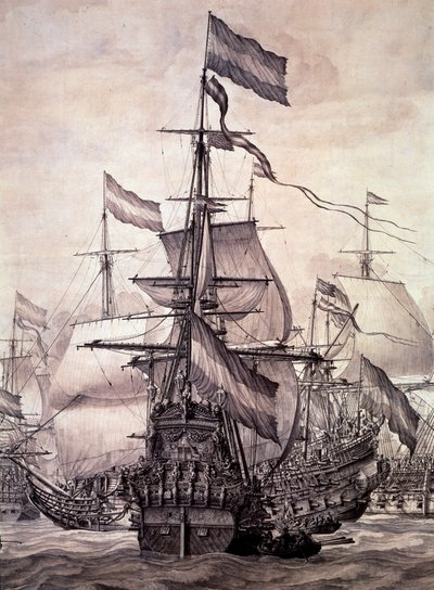 1672年のオランダ船団。詳細 - 油彩・キャンバス 作： Willem van de the Elder Velde