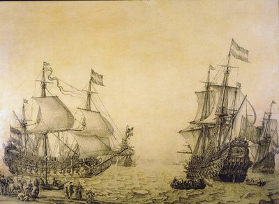 岸を離れるオランダ船「Oosterwijk」を2つの角度から描写。木にグリザイユ 作： Willem van de the Elder Velde