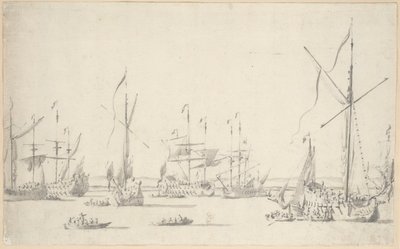 1677年頃、シアーネス近郊に停泊中のヨットと船（黒鉛、グレーのウォッシュ仕上げ） 作： Willem van de the Elder Velde