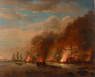 ラ・ホーグの戦いにおける「ソレイユ・ロワイヤル号」の焼失、1692年5月23日、17世紀後半、油彩・カンヴァス 作： Willem van de the Elder Velde