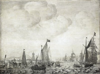 1645年6月9日、ヴリーランド島とトレシェリング島（オランダ）を結ぶ航路、ヴリー（またはヴリーストルーム）を出航する東洋行きの貿易船とその護衛船。 作： Willem van de the Elder Velde