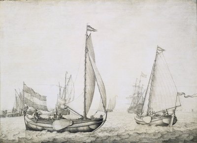 おそらくアムステルダム（オランダ）の港に停泊中の2隻のオランダ船。木地にグリザイユ、1660年頃、ウィレム・ファン・デ・ヴェルデ（1611-1693）作。 作： Willem van de the Elder Velde