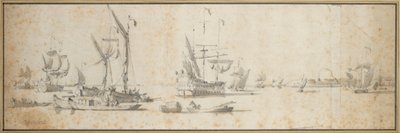 港に停泊する2隻の犬と船、1681年頃（黒鉛、灰色水彩） 作： Willem van de the Elder Velde