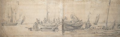 ハードの端に漂着した2人のカアグ、1643年頃（黒鉛、グレイッシュウォッシュ） 作： Willem van de the Elder Velde