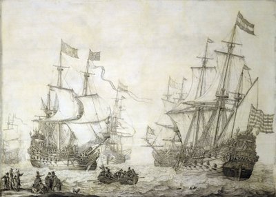 穏やかな風の中、岸を離れるオランダ東インド会社の2隻の商船。木にグリザイユ 作： Willem van de the Elder Velde