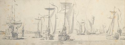 チャールズ2世がウリッジの「タイガー号」を訪問：川のカーブを曲がるヨット 作： Willem van de the Elder Velde