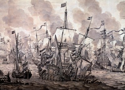 1658年11月8日、オランダ艦隊とスウェーデン艦隊の間で行われた「サウンドの戦い」。詳細 - 油彩・水墨画 作： Willem van de the Elder Velde