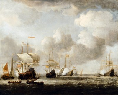 そよ風に停泊するオランダ艦隊 作： Willem van de the Younger (attr.to) Velde