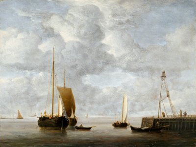 桟橋近くの錨にいるオランダのホーカー 1665年頃（パネルに油彩） 作： Willem van de Velde the Younger