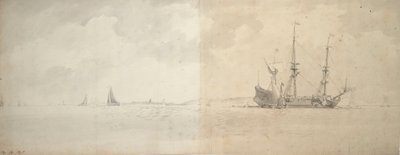 停泊するオランダのマン・オブ・ウォー、1666年頃（黒鉛画） 作： Willem van de Velde the Younger