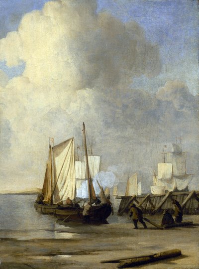 内陸水路の航海に使われるオランダのボート、岸辺のカーグ。キャンバスに油彩 作： Willem van de Velde the Younger