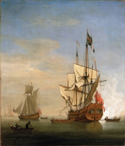 挨拶をして大砲を発射するイギリスの小型軍艦、シックス・レート（6等船）。キャンバスに油彩 作： Willem van de Velde the Younger