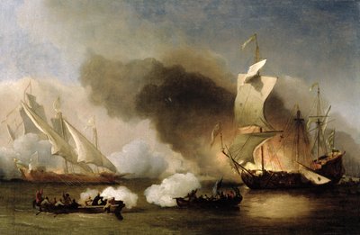 ゲラとイングリッシュシップによるバーバリーコースト沖のアクション、c.1695（キャンバスに油彩） 作： Willem van de Velde the Younger
