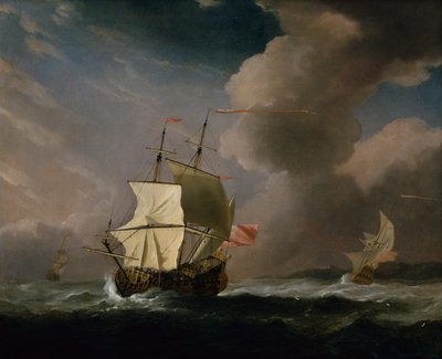 背景に別の船がある強風の中の英国の 2 階建て船 (キャンバスに油彩) 作： Willem van de Velde the Younger