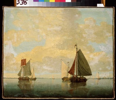 セーリング ボート。 ウィレム・ヴァン・デ・ヴェルデ・ザ・ヤンガー（1633-1707）による絵画。 キャンバスに油彩、24.5 x 32.5 cm、17 世紀後半。 フランダースの芸術、バロック様式。 エルミタージュ美術館、サンクトペテルブルク。 作： Willem van de Velde the Younger