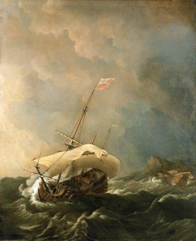 荒れ狂う風の中、岩場から脱出しようとするイギリス船。キャンバスに油彩 作： Willem van de Velde the Younger