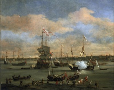 地中海の港に停泊するイギリスの貿易船。キャンバスに油彩 作： Willem van de Velde the Younger