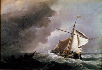 救命ボートを待つ帆を下ろしたオランダ船 絵画：若き日のウィレム・ファン・デ・ヴェルデ（1633-1707） 1660年 日の丸23,2x33,2 cm ロンドン、ナショナル・ギャラリー 作： Willem van de Velde the Younger