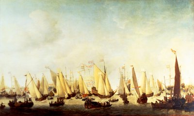 チャールズ2世スチュアートのシェベニンゲンでの乗船 作： Willem van de Velde the Younger