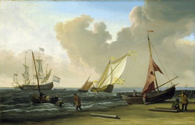 風の中、浜辺で網を引く漁船、オランダの海岸にて。キャンバスに油彩 作： Willem van de Velde the Younger