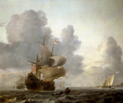 揺れる海に浮かぶ舟の風景（絵画 作： Willem van de Velde the Younger