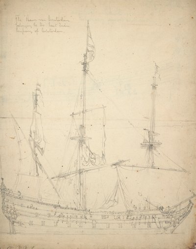 Beurs van Amsterdam」の肖像。1654年、インディアマンとして建造。52門。1665年アメリカ合衆国の御用船となる。1666年、当社に返還（オフセット）。 作： Willem van de Velde the Younger
