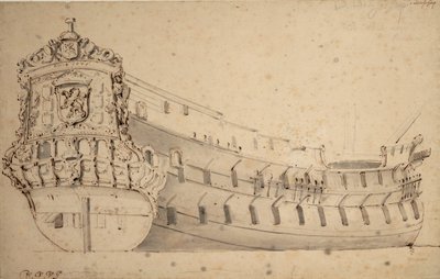 1666年に建造され、1690年に海で失われたマース提督の「リダーシャップ」66門の肖像画（黒鉛、灰色水彩）1686年頃 作： Willem van de Velde the Younger