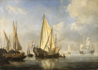 埠頭の端にステイツ・ヨットを置いて穏やかに航行する様子、1680年頃（油彩・キャンバス 作： Willem van de Velde the Younger