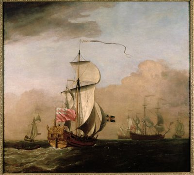左にヨットがあり、右に遠くに3隻の軍艦がいる、アルバマールのケッチ2世公爵 作： Willem van de Velde the Younger