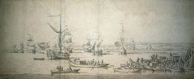 1684年9月30日、一流の戦艦「ロイヤル・ソブリン」を進水させるため、チャタムのロイヤル・ヨットにヨーク公爵ジェームズが到着した様子（紙にペンとインク、グレーのウォッシュ）。 作： Willem van de Velde the Younger