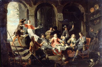 召使を従えて室内で歓談する優雅な人々 作： Willem van the Elder Herp