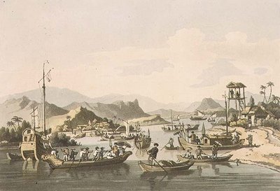 ジョン・バロウ（1764-1848）の「A Voyage to Cochinchina」のプレート15、トーマス・メドランド（1755-1823）のエングレービングによる1806年の「タイフォ川のコーチン・中国船」（アクアチント 作： William (after) Alexander