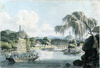 ジョン・バローの「中国旅行記」の第4版、トーマス・メドランド（1755-1823）が1804年に彫った「ゲホールの皇居公園の東側の景色」（アクアチント 作： William (after) Alexander
