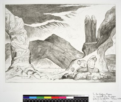 偽装者たちの輪。悪臭に鼻を覆うダンテとヴァージル、『神曲』挿絵「インフェルノ」第二十九番、ダンテ・アリギエリ著 作： William (after) Blake
