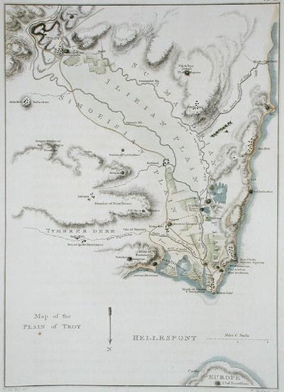 トーマス・メドランド（1755-1823）が彫った「トロイとその周辺の地形」からトロイ平原の地図、1804年に出版された（彩色済みの彫刻）。 作： William (after) Gell