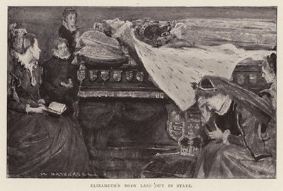 安置されたエリザベス1世の遺体、パブ。1898年（リトグラフ） 作： William (after) Hatherell