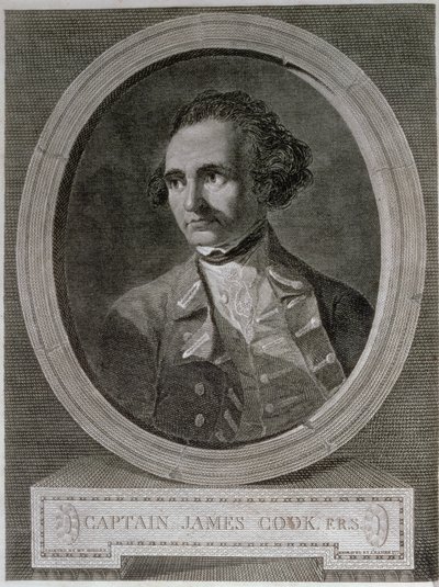 キャプテン・ジェームズ・クック（1728-79）の肖像（「南極への世界一周の旅」の表紙より）（エングレーヴィング 作： William (after) Hodges