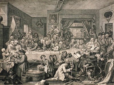 1833年に出版された「The Works of William Hogarth」の中の「An Election Entertainment（選挙の余興）」（エングレーヴィング）。 作： William (after) Hogarth