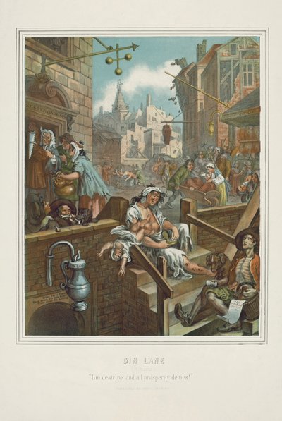 ウィリアム ホガースのジン レーンのクロモリトグラフ (クロモリソ) 作： William (after) Hogarth