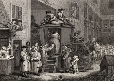 1833年に出版された「The Works of Hogarth」からTimothy Engleheart（1803-79）が彫った「Country Inn Yard」（リトグラフ）。 作： William (after) Hogarth