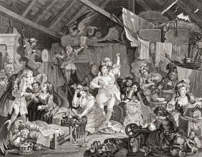 1833年にロンドンで出版された『ホガース作品集』に収録されている「納屋でリハーサルをする散歩する奏者たち」（G・プレスベリーによるモノクロの版画 作： William (after) Hogarth