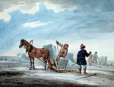 馬が引くソリで氷を運ぶ（「Journey from Moscow to Constantinople in Years」より 作： William (after) MacMichael