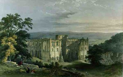 ジョージ・ホーキンスが彫刻した「The Monastic Ruins of Yorkshire」より、ライ・バレーのリーヴォルクス・アビー。 作： William (after) Richardson