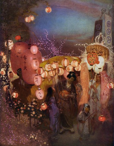 日本のお祭りで提灯を持った女性と子供たち（カラーリソ） 作： William (after) Shackleton