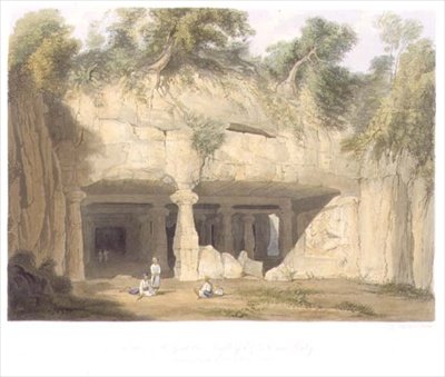 ボンベイ近郊のエレファンタ大洞窟寺院の外観（1803年）（「インドの風景・衣装・建築」第2巻より、S.G.ヒューズの彫刻、Smith, Elder and Company社刊 作： William (after) Westall