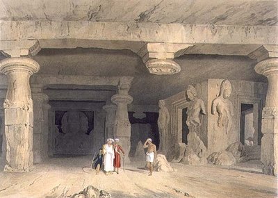 ボンベイ近郊のエレファンタ大洞窟寺院の内部（1803年）、「インドの風景・衣装・建築」第2巻より、J.ベイリーの彫刻、Smith, Elder and Company社刊 作： William (after) Westall