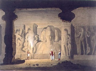 ボンベイ近郊のエレファンタ石窟寺院の大三元像（1803年）、「インドの風景、衣装、建築」第2巻より、T.エッジの彫刻、Smith, Elder and Company社刊。 作： William (after) Westall