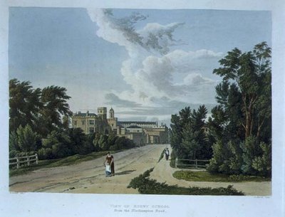ノーサンプトン・ロードからのラグビー・スクールの眺め、「History of the Colleges」の一部である「History of Rugby School」より、Daniel Havell (1785-1826)の彫刻によるもので、R. Ackermannが出版したものです。 作： William (after) Westall