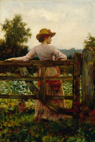The Trysting Place、門に寄りかかる女性（パネルに油彩） 作： William A. Breakspeare