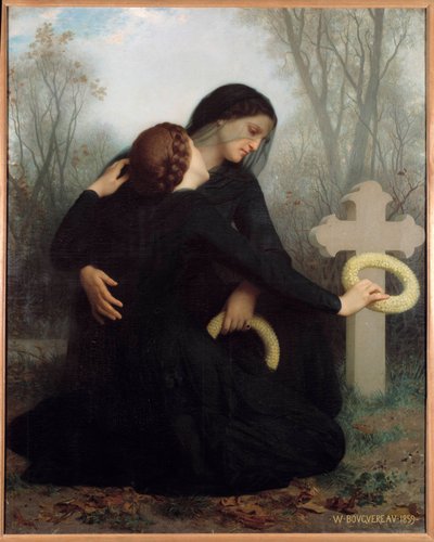 死者の日 亡くなった父と夫(？)の墓の前にいる母と娘の姿。William Adolphe Bouguereau（1825-1905）の絵画 日。1.20 x 1.47 m ボルドー。美術博物館 作： William Adolphe Bouguereau
